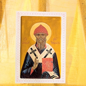 Hand-painted icon of Saint Spyridon of Trimifuntsky. Orthodox icons. Christian painting. Religious gift.Byzantine icon. Iconography.