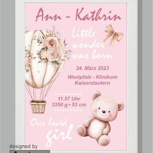 Bild DIN A4 „Geburt" Junge o. Mädchen, Tolles Geschenk für Eltern, Andenken an die Geburt, personalisiert mit Daten des Kindes, mit Rahmen