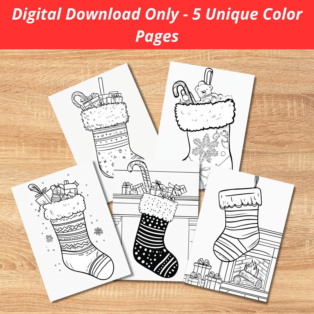 クリスマス ストッキングの塗り絵 - 子供と大人向けの印刷可能なホリデー アクティビティ シート 5 枚セット - 楽しいクリスマスのクラフトと楽しみ  - Etsy 日本, image size:1080x1080