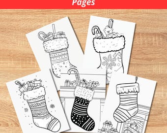 Weihnachtsstrumpf Malseiten - Set mit 5 druckbaren Feiertagsaktivitätsblättern für Kinder und Erwachsene - Festliches Weihnachtshandwerk und Spaß