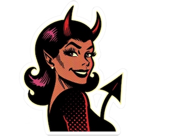 May include: A sticker depicting a retro-style illustration of a devil woman with black hair, red horns, and a black tail. The woman is smiling and looking over her shoulder. The background is white.