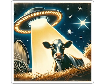Alien Abducted Cow Kiss-Cut Stickers, Vinyl Decals, Laptop Stickers, Space Themed Decor, UFO Sticker Pack, Cute Cow Stickers
