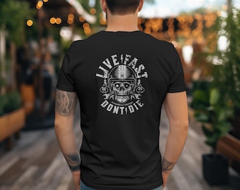 Maglietta con grafica del teschio del motociclista, maglietta "Go Fast Don't Die", moda motociclistica, regalo per motociclisti, abbigliamento personalizzato, maglietta unisex