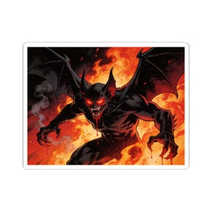 May include: A sticker featuring a menacing, black demon with red eyes, sharp teeth, and large wings, set against a fiery background. The illustration has a comic book style with dynamic poses and dramatic lighting.