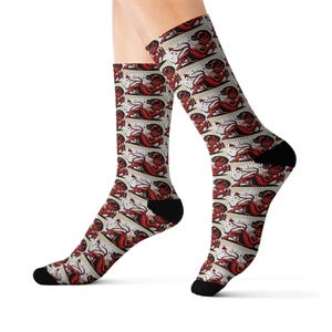 She Devil Sublimation Socks, Sexy, Cute, Girly, Mischievous, Devious, Alternative Clothing, Unique Gift, Halloween Costume Accessories