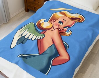Manta de terciopelo vintage con diseño de ángel, acogedora decoración para el hogar, regalo perfecto para las fiestas, suave para cama y sofá, diseño retro.