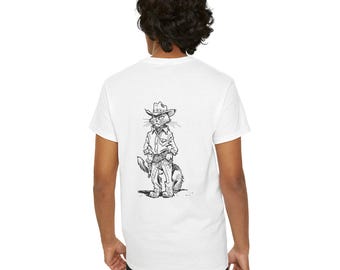 May include: White t-shirt with a black and white illustration of a cat wearing a cowboy hat and holding a gun. The cat is wearing a shirt, pants, and boots.