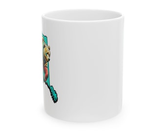 Taza de cerámica con diseño de oso grizzly de Alaska, 11 oz y 15 oz, regalo para amantes de la naturaleza, taza de café para entusiastas de la vida silvestre, aventura en la montaña, fogata en la naturaleza