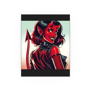 Puede incluir: Una mujer de piel roja con cuernos y cola, vestida con una chaqueta de cuero negra y guantes de red rojos, mira por encima del hombro con una sonrisa traviesa.