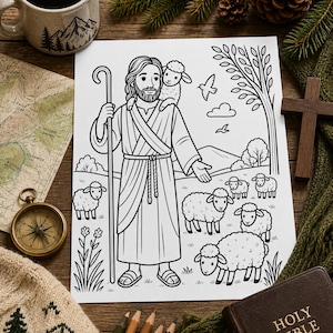 May include: A black and white line art coloring page featuring a bearded figure in robes holding a shepherd's staff with a lamb on their shoulder, surrounded by several sheep in a field with a tree, a bird, and distant hills in the background.