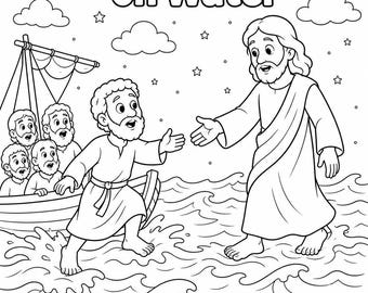 Disegno da colorare di Gesù che cammina sull'acqua, tratto dal capitolo 14 del Vangelo di Matteo. Materiale stampabile per la scuola domenicale, l'istruzione a casa e le attività per la scuola biblica estiva.