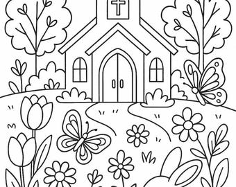 Spring & Summer Church Coloring Page: Sunday School Fun, Homeschool, Vacation Bible School Activity (PDF, JPG, PNG)