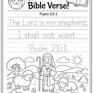 Puede incluir: Una hoja de trabajo imprimible en blanco y negro titulada Trace the Bible Verse! con el Salmo 23:1, The Lord is my shepherd, I shall not want. La página incluye líneas punteadas para practicar la escritura, un dibujo de un pastor y ovejas.