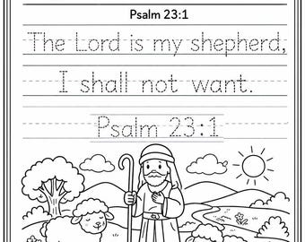 Psalm 23:1 Tracing Worksheet for Kids | The Lord is My Shepherd Printable | Bible Verse Handwriting Practice | Sunday School Coloring Page