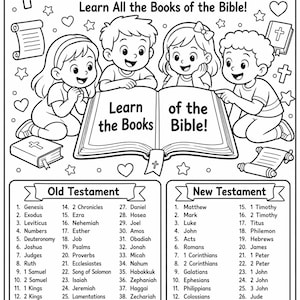 May include: A black and white coloring page titled Books of the Bible featuring four children gathered around an open book with the text Learn the Books of the Bible. Below are two lists labeled Old Testament and New Testament with numbered book names.