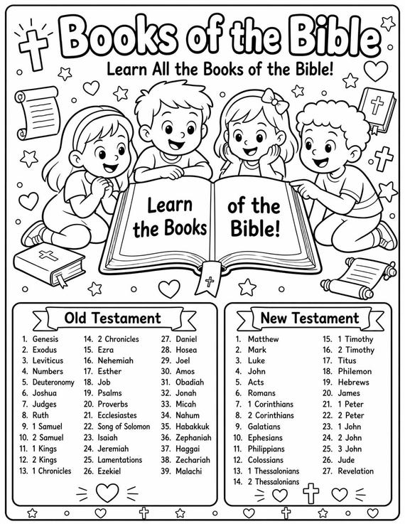 Books of the Bible Coloring Page Printable, Bible Books Worksheet for Kids, Sunday School Activity, 66 Books of the Christian Bible