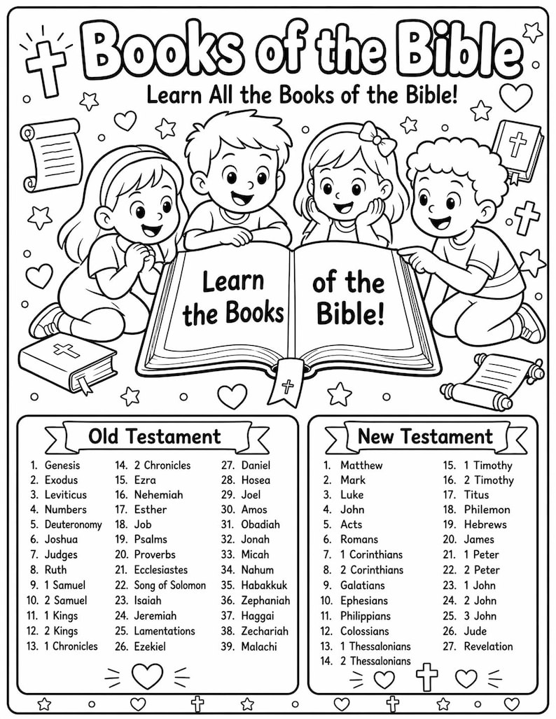 May include: A black and white coloring page titled Books of the Bible featuring four children gathered around an open book with the text Learn the Books of the Bible. Below are two lists labeled Old Testament and New Testament with numbered book names.