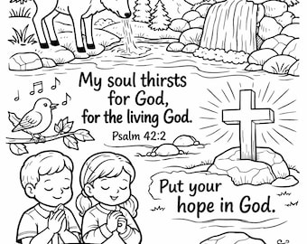 Salmo 42 da colorare per bambini – Foglio da colorare cristiano, attività con versetti biblici, materiale stampabile per la scuola domenicale, Come il cervo che si bagna, scheda di lavoro per bambini