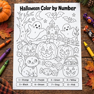 May include: A Halloween Color by Number activity sheet featuring line art of a haunted house, ghosts, pumpkins, a cat, bats, and sweets. The page includes a numbered colour key at the bottom with instructions for orange, purple, green, yellow, black, brown, grey, and pink.