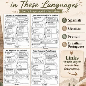 May include: A collection of four black and white Lord's Prayer activity worksheets in French, Portuguese, German, and Spanish. Each page features ten numbered sections with icons like hearts, crowns, globes, bread, and praying hands for children to fill in.