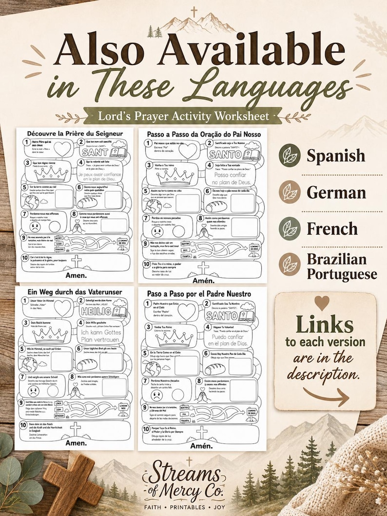 May include: A collection of four black and white Lord's Prayer activity worksheets in French, Portuguese, German, and Spanish. Each page features ten numbered sections with icons like hearts, crowns, globes, bread, and praying hands for children to fill in.