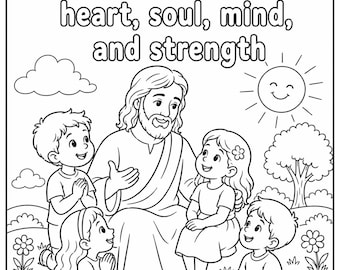 Página para colorear "Ama al Señor tu Dios", Versículo bíblico Marcos 12 para imprimir, Actividad para la escuela dominical sobre el Gran Mandamiento, Hoja de trabajo para niños cristianos