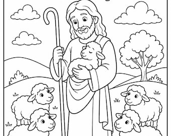 Jesus Good Shepherd Coloring Page | Sunday School Printable | Christian Kids Bible Activity | Sheep Lamb Coloring Sheet