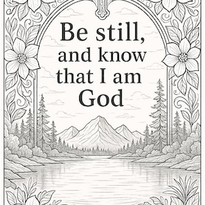 May include: A black and white illustration of a mountain landscape with a lake in the foreground. The image is framed by floral designs and a cross at the top. The text "Be still, and know that I am God" is written in the center of the image. The text "Psalm 46:10" is written at the bottom of the image.