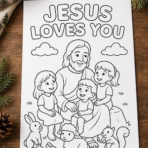 May include: A black and white coloring page featuring the text JESUS LOVES YOU at the top. The illustration depicts a central figure with long hair and a beard surrounded by three children, two rabbits, a lamb, and a squirrel in a grassy area.
