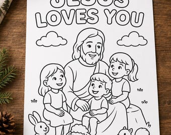 Kleurplaat Jesus Loves You – afdrukbare christelijke kinderbijbel, zondagsschoolactiviteit, religieuze kleurplaat voor kinderen