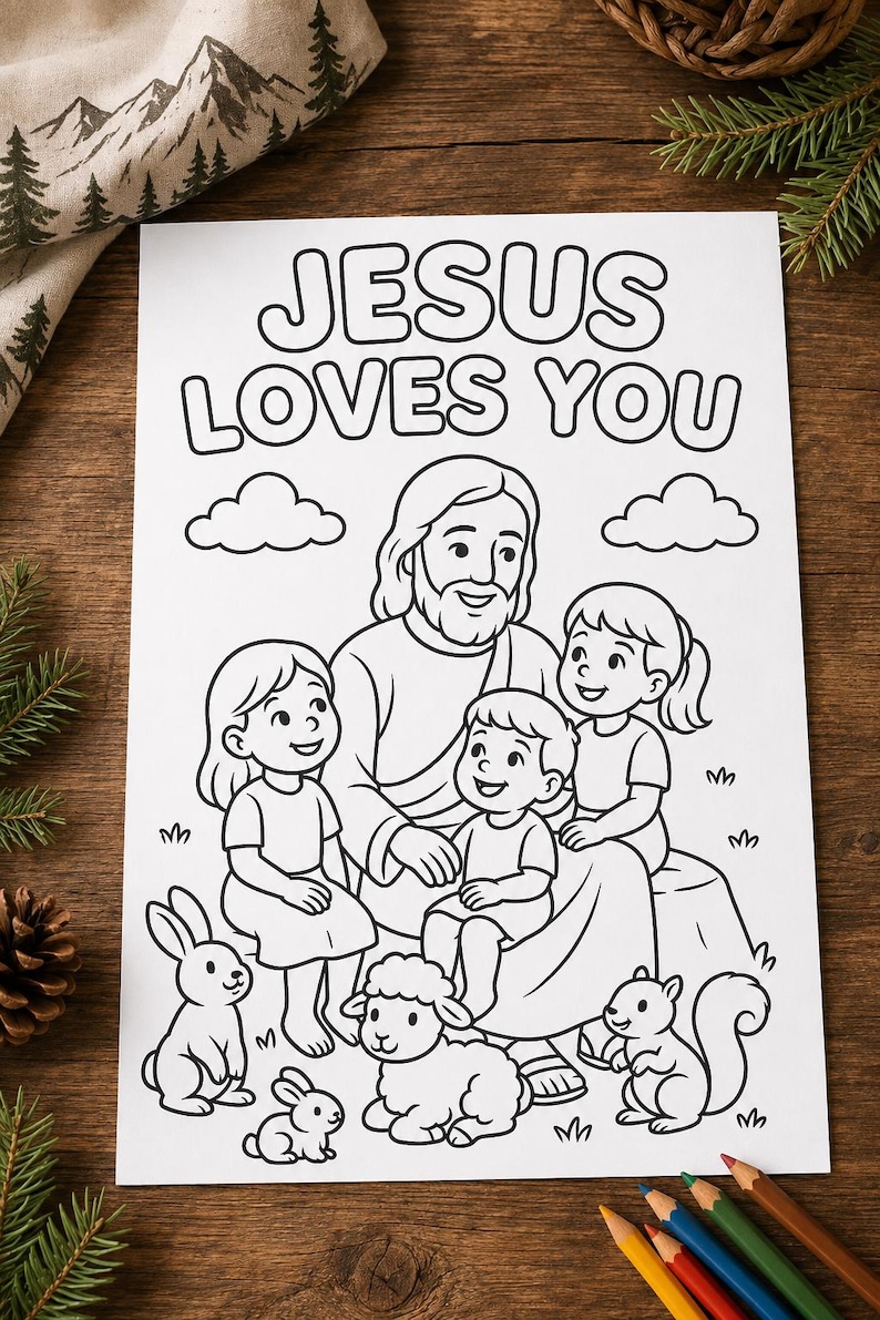 May include: A black and white coloring page featuring the text JESUS LOVES YOU at the top. The illustration depicts a central figure with long hair and a beard surrounded by three children, two rabbits, a lamb, and a squirrel in a grassy area.