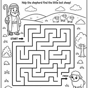 May include: Black and white illustration of a maze called "The Lost Sheep Maze." The image shows a shepherd, sheep, and a maze path. The text reads, "Help the shepherd find the little lost sheep!"