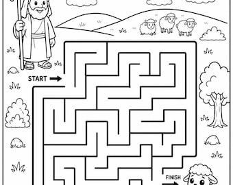 Hoja de trabajo del laberinto de la oveja perdida para niños / Página de actividades de la parábola de la oveja perdida / Laberinto bíblico cristiano para imprimir / Página para colorear de la escuela dominical