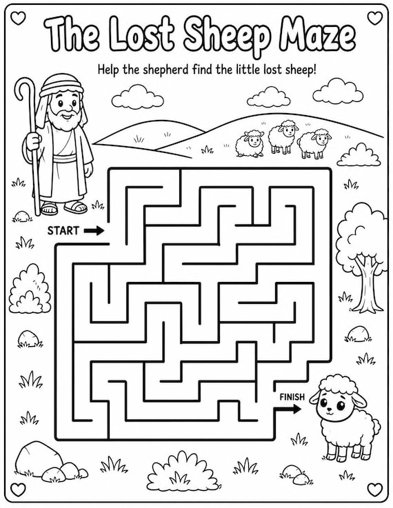 Lost Sheep Maze Worksheet for Kids | Parable of the Lost Sheep Activity Page | Christian Bible Maze Printable | Sunday School Coloring Page
