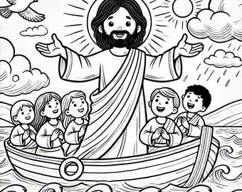 Jesus Calms the Storm Coloring Page – Christian Bible Story Printable for Kids, Sunday School Activity Sheet, Religious Coloring
