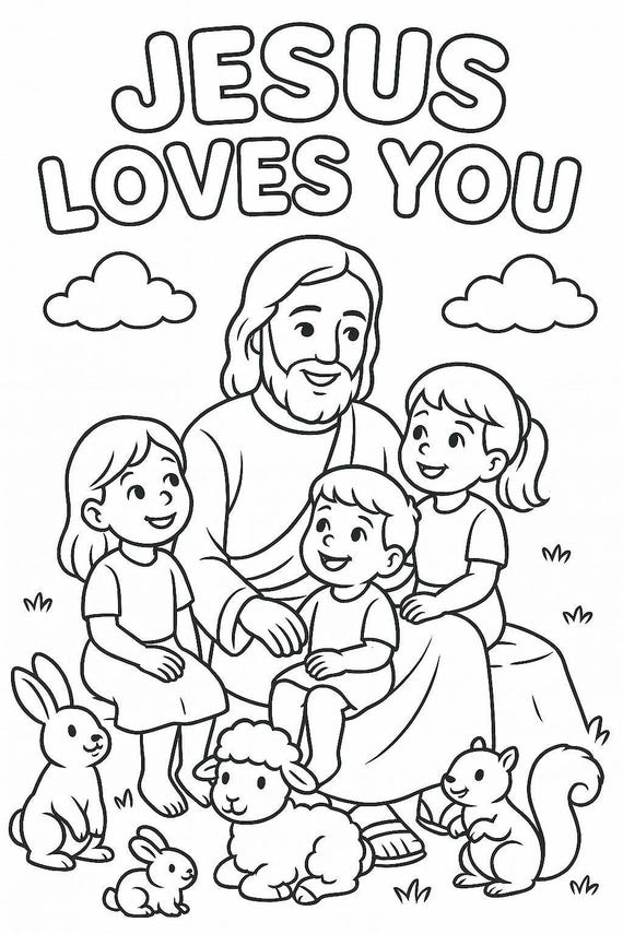 Jesus Loves You Coloring Page – Christian Kids Bible Printable, Sunday School Activity, Religious Coloring Sheet for Children