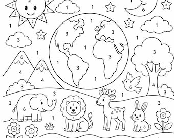 Genesi 1:1 - Colora con i numeri - Stampabile, Attività biblica sulla creazione per bambini, Pagina da colorare cristiana, Scheda di lavoro per la scuola domenicale