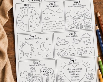 Può includere: Un foglio da colorare stampabile in bianco e nero intitolato 7 Days of Creation, che presenta sette distinte sezioni rettangolari con illustrazioni a linee che rappresentano ogni giorno, inclusi sole, nuvole, piante, animali e testo.