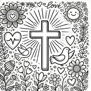 May include: A black and white illustration of a cross with a sun, doves, hearts, and flowers surrounding it. The word "love" is written above the cross.