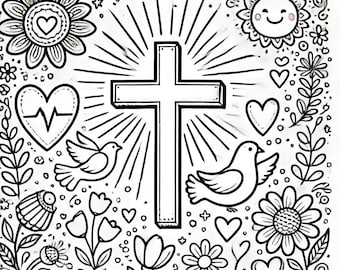 Cross Coloring Page – Christian Bible Printable for Kids and Adults, Religious Sunday School Activity, Inspirational Coloring Sheet