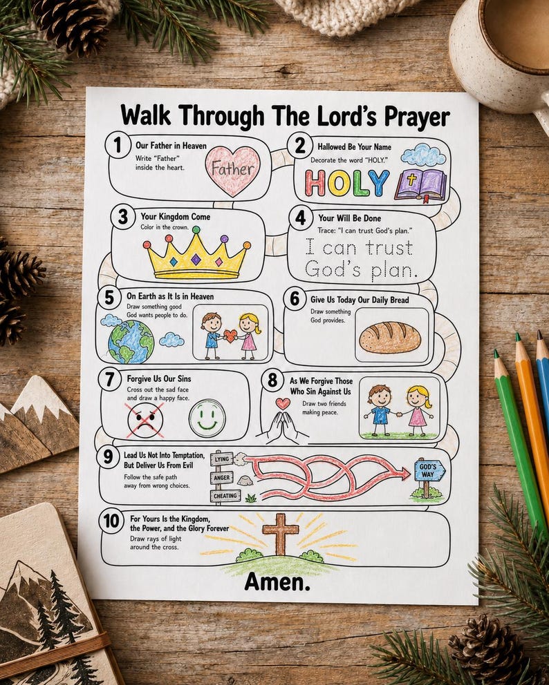 May include: A white activity sheet titled Walk Through The Lord's Prayer with ten numbered sections featuring illustrations and prompts for children to color, trace, and draw, including a heart, crown, globe, bread, and a cross with rays of light.
