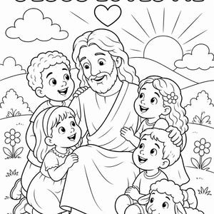 May include: A black and white colouring page illustration featuring the text JESUS LOVES ME at the top. The scene depicts a central figure with long hair and a robe surrounded by four smiling children and a small lamb in a grassy field with flowers.