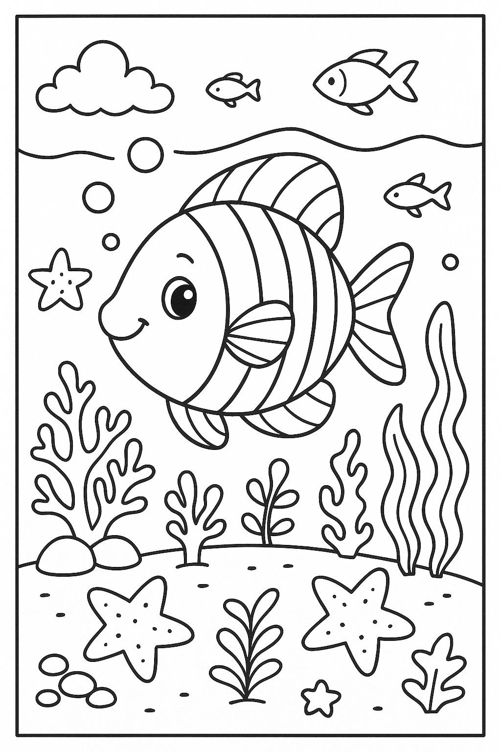 Unter dem Meer Malseite für Kinder - Süßes Ozeanbild mit Fischen, Korallen und Meerestieren zum Ausdrucken - Spaß für Vorschul- und Klassenzimmer