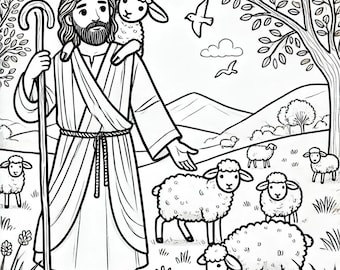 Good Shepherd Coloring Page – Jesus with Sheep Christian Bible Printable for Kids, Sunday School Religious Activity Sheet
