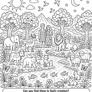 May include: A black and white colouring page titled GOD SAW THAT IT WAS GOOD Genesis 1:31. The illustration features a landscape with trees, mountains, a sun, a moon, stars, birds, and various animals including an elephant, deer, lions, and fish.