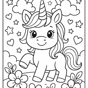 May include: A black and white line drawing of a cute unicorn with a rainbow and clouds in the background. The unicorn is standing in a field of flowers.