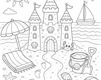 Summer Coloring Page for Kids – Printable Beach Scene with Sandcastle, Umbrella & Sun – Fun Summer Activity Sheet – Instant Download