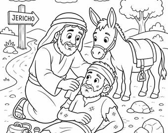 Disegno da colorare del Buon Samaritano / Storia biblica stampabile per bambini / Scheda di attività per la scuola domenicale / Lezione sulla gentilezza cristiana, Scuola biblica estiva