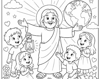 Página para colorear de Jesús es la luz del mundo, versículo bíblico de Juan 8:12 para imprimir, actividad para niños de la escuela dominical, hoja de trabajo para la escuela bíblica de verano y la educación en el hogar.