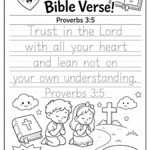 Puede incluir: Página para colorear en blanco y negro con el texto "Trace the Bible Verse!" y "Proverbios 3:5". Incluye ilustraciones de un corazón, un libro abierto, niños rezando, nubes, estrellas y una cruz. El versículo dice: "Confía en el Señor con todo tu corazón, y no te apoyes en tu propia prudencia."
